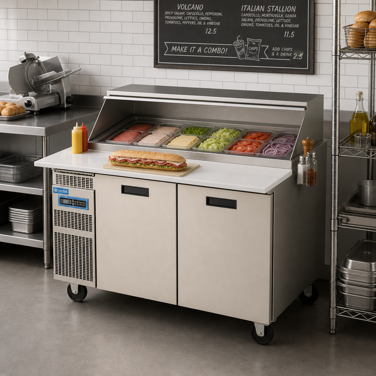 Product image #2 for Randell 60-Inch High Heat Refrigerated Mega-Top Sandwich Prep Table / Breading Table, 2-Section, 9.8 Cu. Ft., Side-Mounted Self-Contained Refrigeration