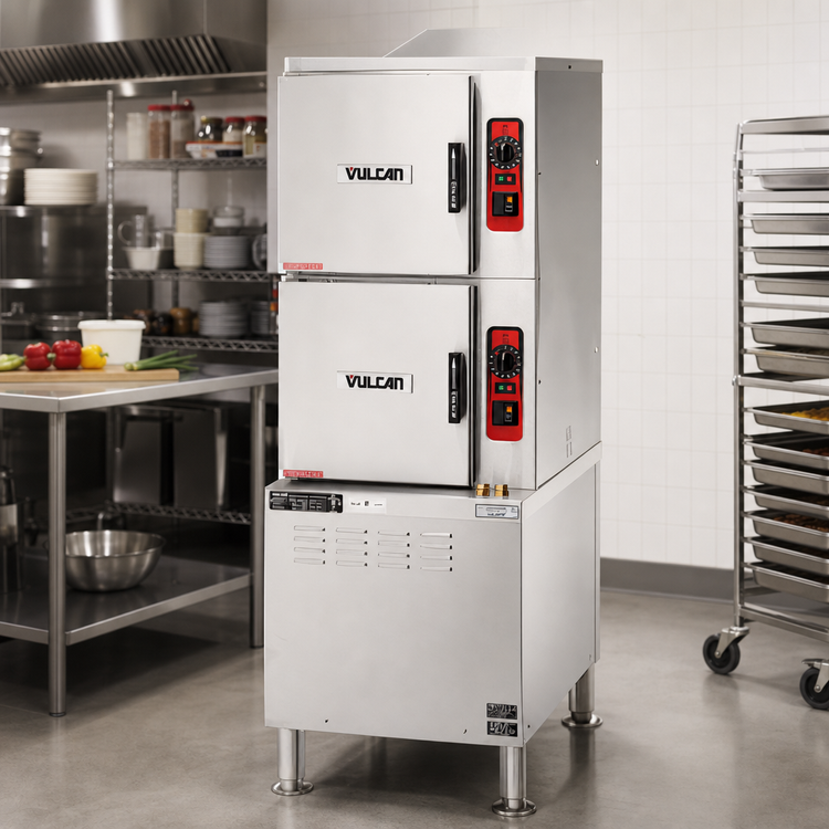 Product image #2 for Vulcan ET Series PowerSteam Electric Convection Steamer with 24-Inch Cabinet Base, 2 Compartments, 6 Pan Capacity