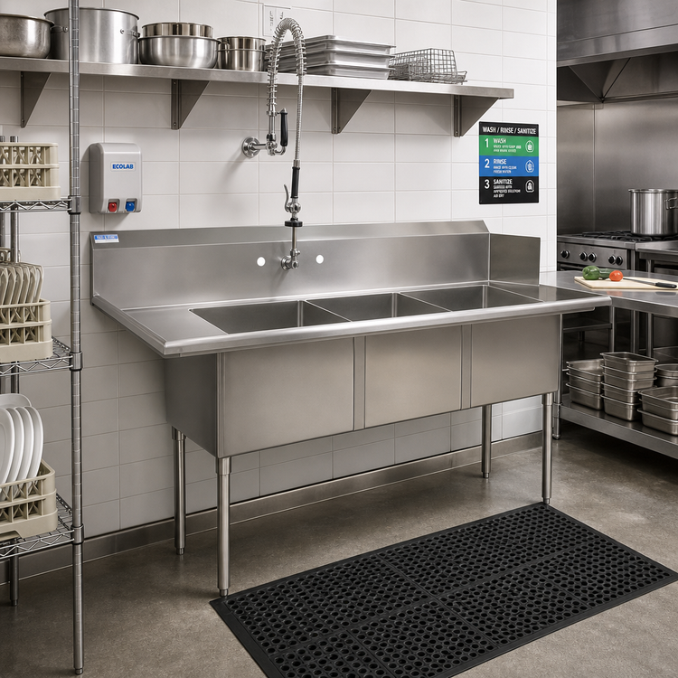 Product image #2 for BK Resources Left-Side Three-Compartment Soiled Dishtable Sink with Pre-Rinse, 72 Inch Wide