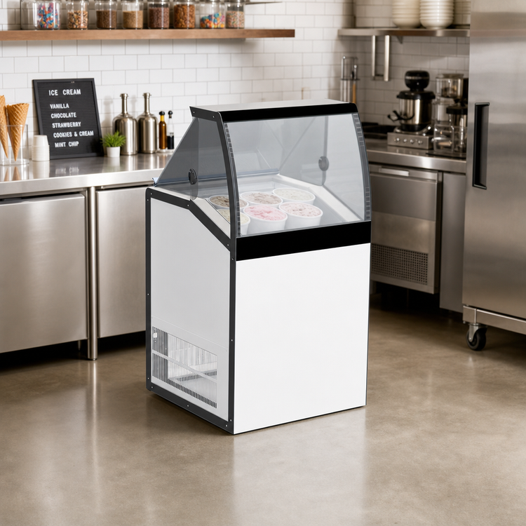 Product image #2 for Master-Bilt DD-26LCG Low Curved Glass Ice Cream Dipping/Display Freezer Cabinet, 4-Tub Capacity