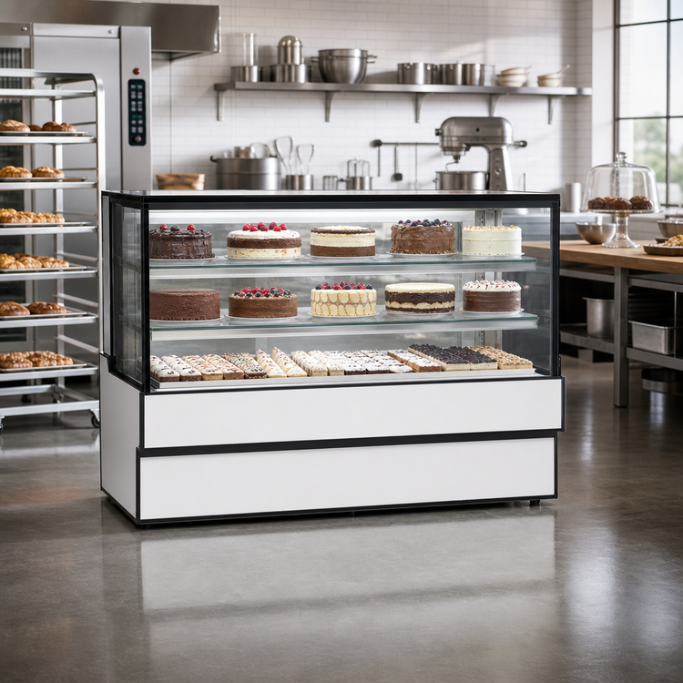 Product image #2 for Full Service Straight Glass Refrigerated Bakery Display Case, 77-1/8"W x 35-5/16"D x 48"H, Self-Contained, 3/4 HP