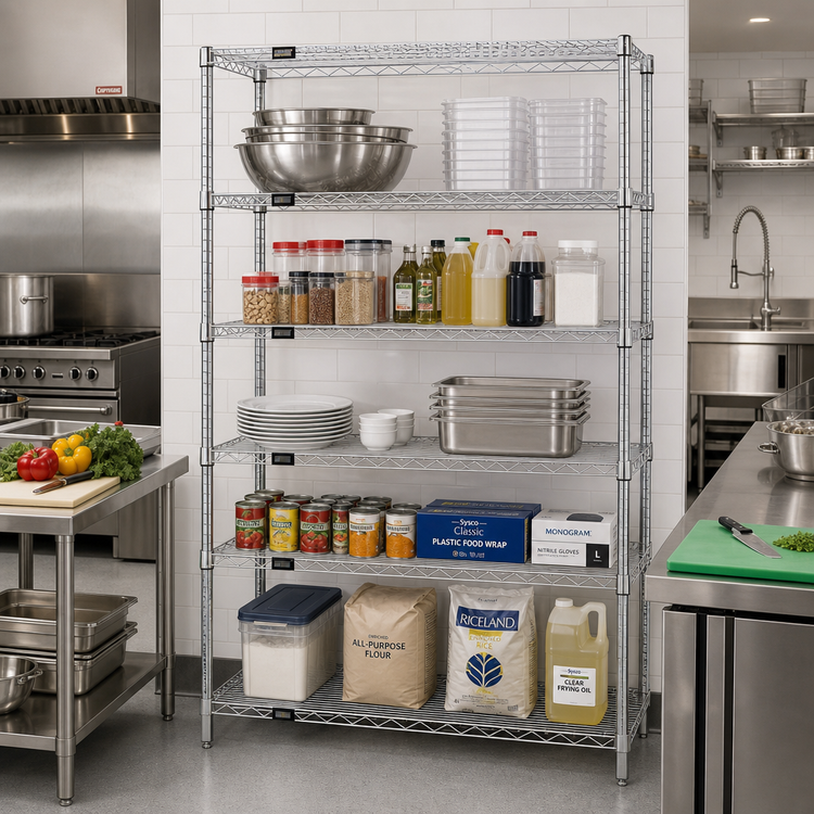 Product image #2 for Quantum Stationary Wire Shelving Starter Kit, 72"W x 18"D x 86"H, Chrome Plated, 5 Shelves