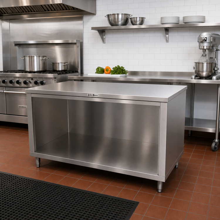 Product image #2 for John Boos 84 Inch x 30 Inch Open Front Cabinet Base Work Table with 16-Gauge Stainless Steel Top and Stallion Safety Edge