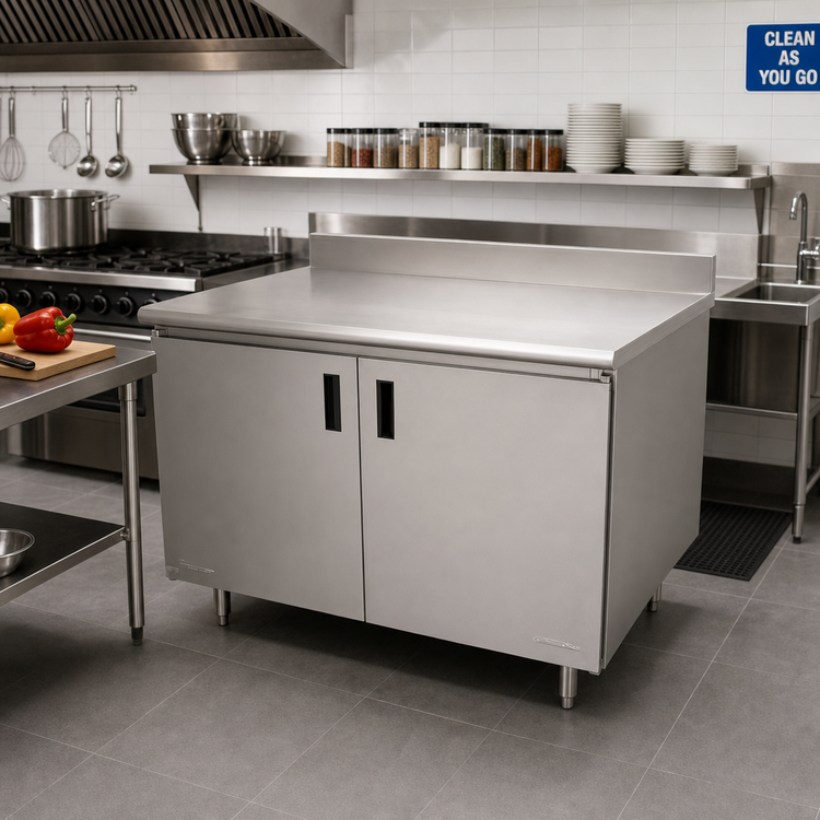 Product image #2 for Advance Tabco Special Value Economy Enclosed Work Table with Cabinet Base and Hinged Doors, 120 x 24 Inch, 16 Gauge 304 Stainless Steel Top, 5 Inch Backsplash