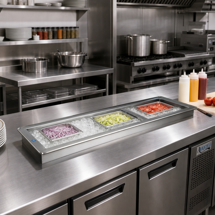 Product image #2 for Atlas Metal Slim-Line Full-Depth 3-Pan Iced Cold Pan Drop-In Food Well