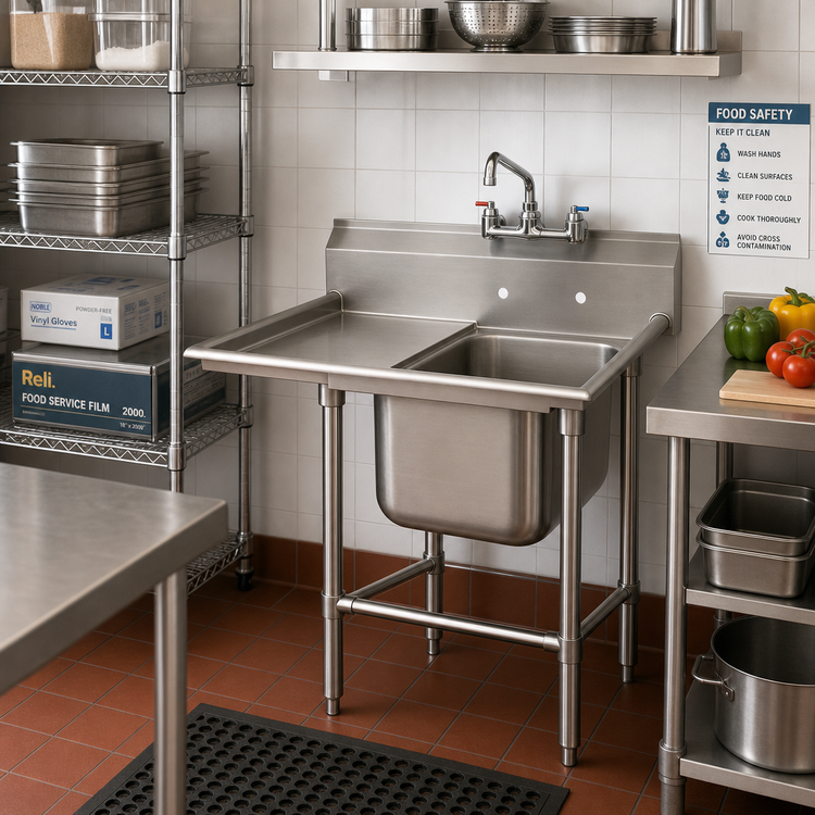 Product image #2 for Advance Tabco Regaline 1-Compartment Commercial Sink with Left-Hand Drainboard, 20 x 28 Inch Bowl, 14-Gauge 304 Stainless Steel