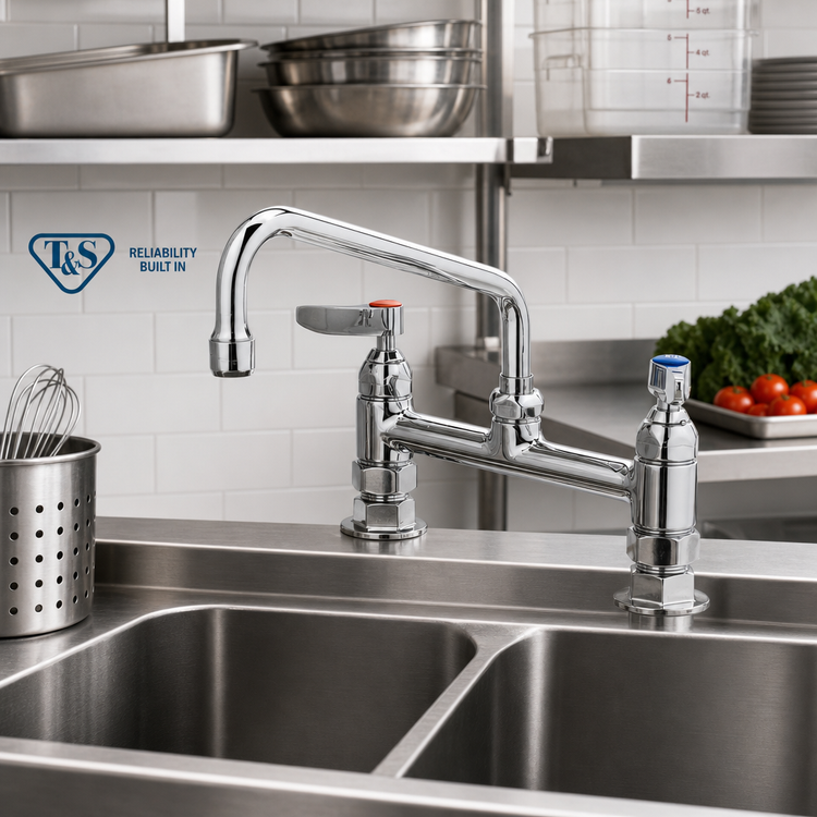 Product image #2 for T&S Brass Double Pantry Deck-Mount Faucet with 8-Inch Swing Nozzle, 8-Inch Centers
