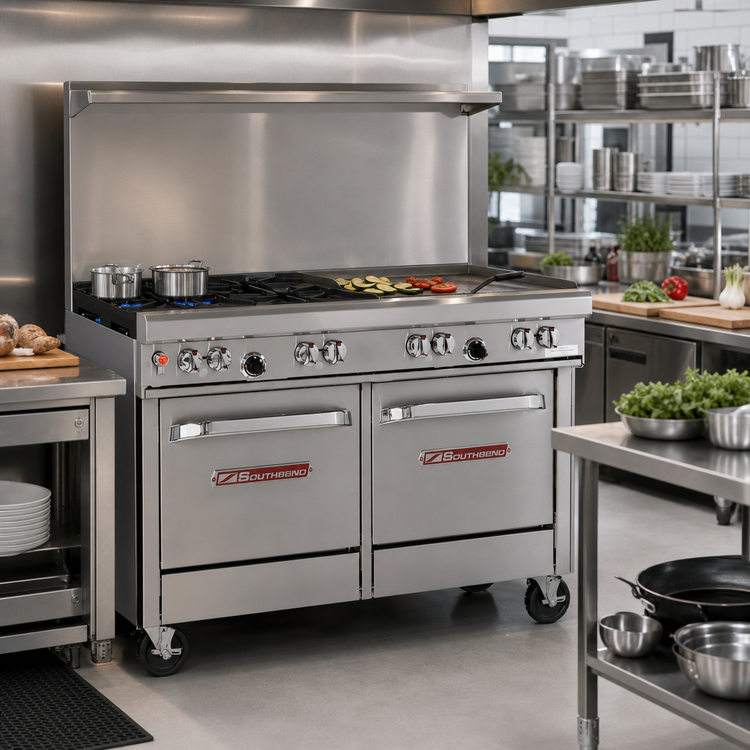 Product image #2 for Southbend Ultimate 48-Inch Gas Restaurant Range with 2 Non-Clog Burners, 36-Inch Thermostatic Griddle, and Double Space-Saver Ovens
