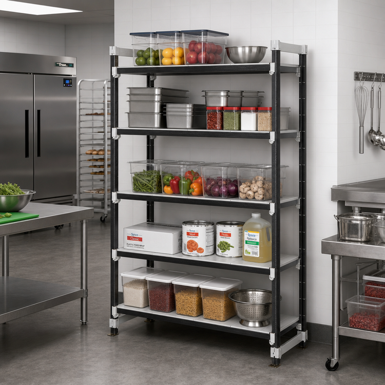 Product image #2 for Cambro Camshelving Elements XTRA High Density Top Rail Stationary Starter Unit, 18-Inch D x 60-Inch L x 81-Inch H, 5-Tier, Speckled Gray