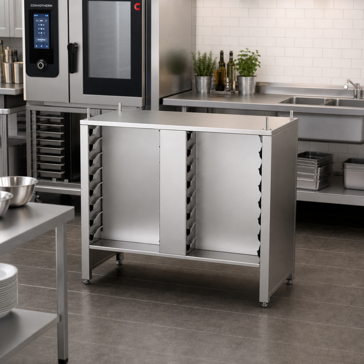 Product image #2 for Convotherm Stainless Steel Oven Stand, Closed on Three Sides, with 14 Pairs of Shelf Rails for C4 6.10 and 10.10