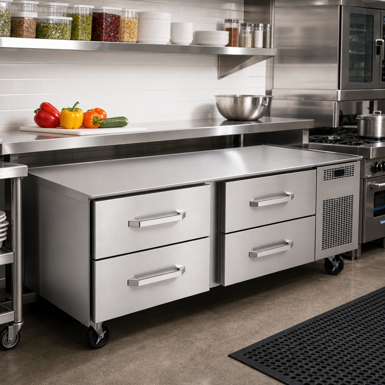 Product image #2 for Randell 82-Inch Refrigerated Chef Base Equipment Stand with 4 Drawers, Left-Mounted Self-Contained Refrigeration