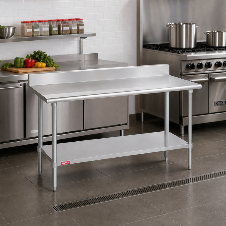 Product image #2 for Duke 30 x 30 Inch 16-Gauge 400 Series Stainless Steel Work Table with 5-Inch Riser and Undershelf