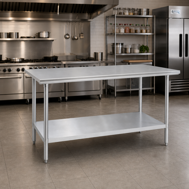 Product image #2 for Advance Tabco 84-Inch x 30-Inch 16 Gauge 430 Stainless Steel Flat Top Work Table with Galvanized Undershelf and Legs