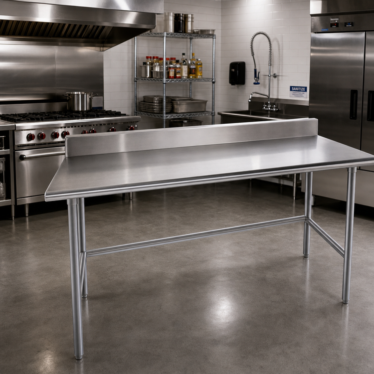 Product image #2 for Advance Tabco 120-Inch x 30-Inch 16-Gauge 430 Stainless Steel Work Table with 5-Inch Backsplash and Open Base