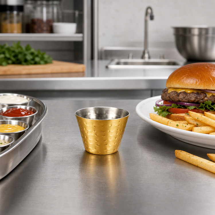 Product image #3 for American Metalcraft 4 oz Round Hammered Gold Stainless Steel Sauce Cup