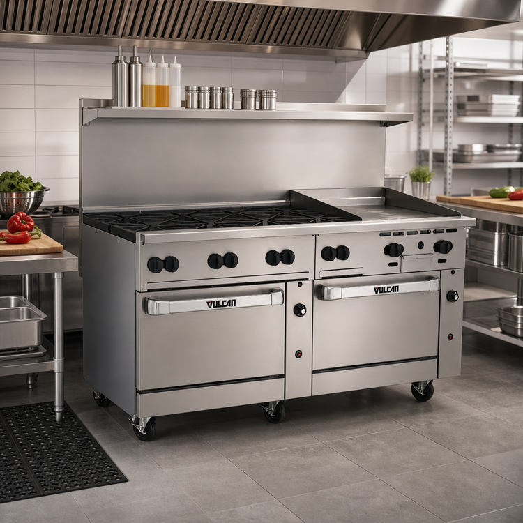 Product image #2 for Vulcan Endurance 72-Inch Stainless Steel Gas Restaurant Range with 8 Open Burners, 24-Inch Thermostatic Griddle, Standard Oven, and Convection Oven