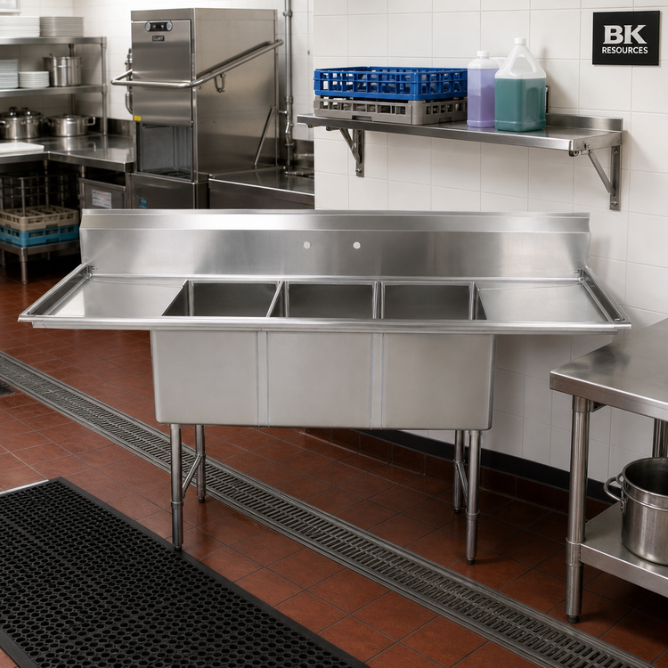 Product image #2 for BK Resources 3-Compartment Stainless Steel Sink with Left and Right Drainboards
