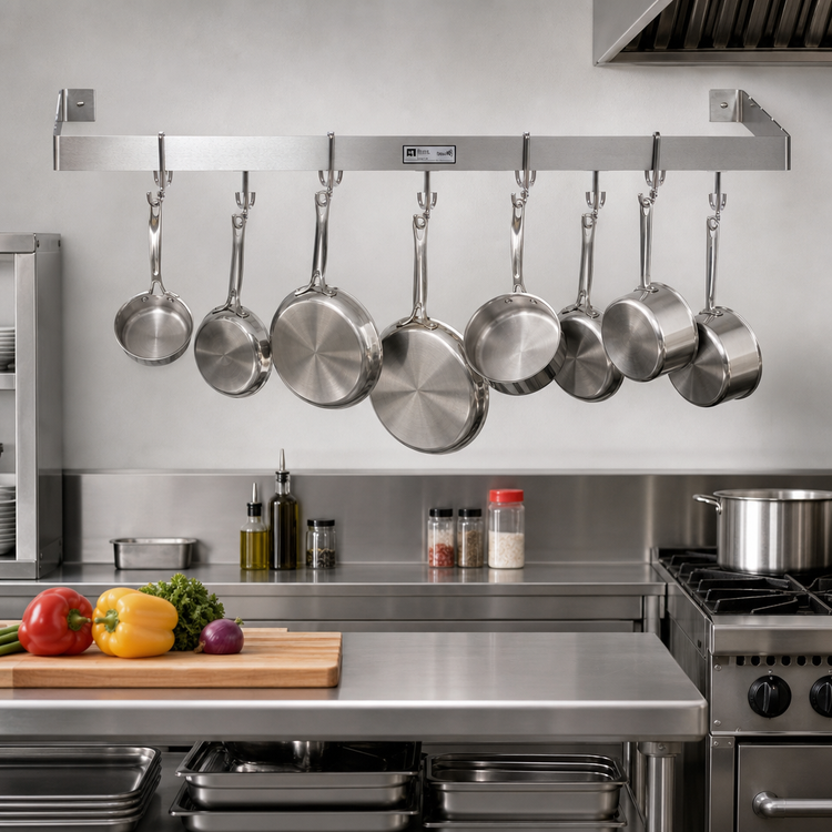 Product image #2 for John Boos Wall-Mount Single-Bar Stainless Steel Pot Rack with 10 Double Hooks