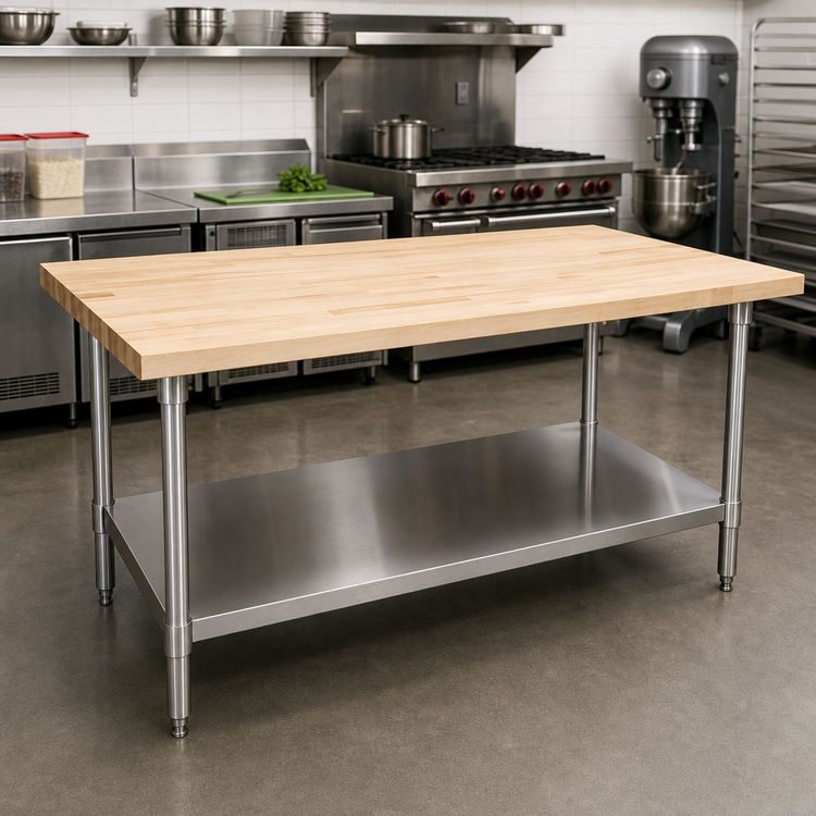 Product image #2 for BK Resources 96-Inch x 36-Inch Hard Maple Flat Top Work Table with Stainless Steel Legs and Undershelf