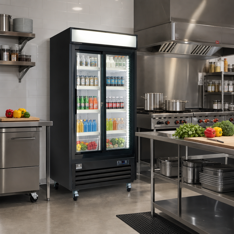 Product image #2 for Kelvinator Commercial 39.5-Inch Two-Section Reach-In Glass Door Refrigerated Merchandiser, Bottom-Mount, 36 Cu. Ft., Sliding Doors