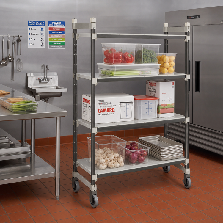 Product image #2 for Cambro Camshelving Elements XTRA High Density Top Rail 4-Shelf Solid Mobile Starter Unit, 24"D x 54"L x 80"H, Speckled Gray