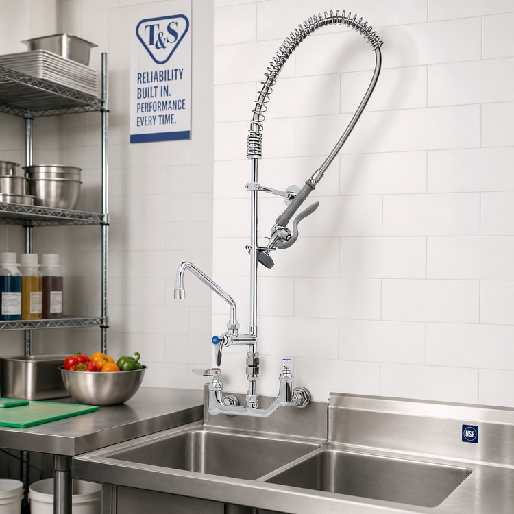 Product image #2 for T&S Brass EasyInstall Wall-Mount Pre-Rinse Unit with 8 Inch Centers, 12 Inch Swing Spout, and 1.15 GPM Spray Valve