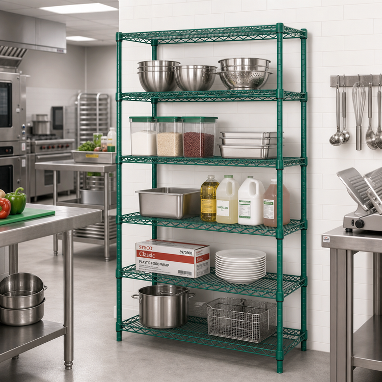 Product image #2 for Quantum 48-Inch Wide 5-Shelf Wire Shelving Starter Kit, 12-Inch Deep x 86-Inch High, Green Epoxy Antimicrobial Finish