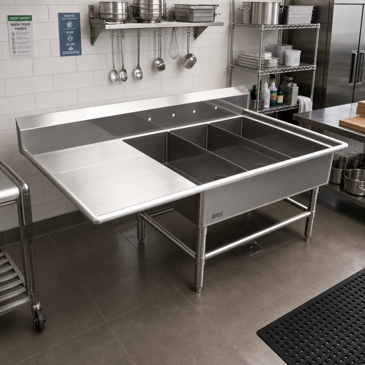 Product image #2 for John Boos Pro-Bowl 3-Compartment Platter Sink with Left Drainboard and 10-Inch Backsplash, 64-3/16" W x 36-1/2" D x 43" H