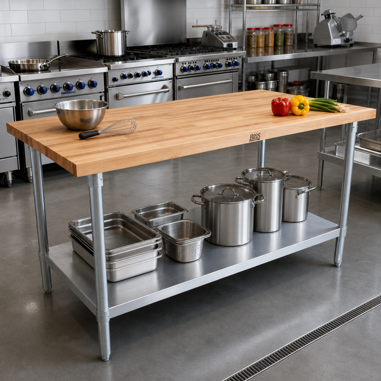 Product image #2 for John Boos 60-Inch x 30-Inch Northern Hard Rock Maple Wood Top Work Table with Adjustable Undershelf and Galvanized Legs