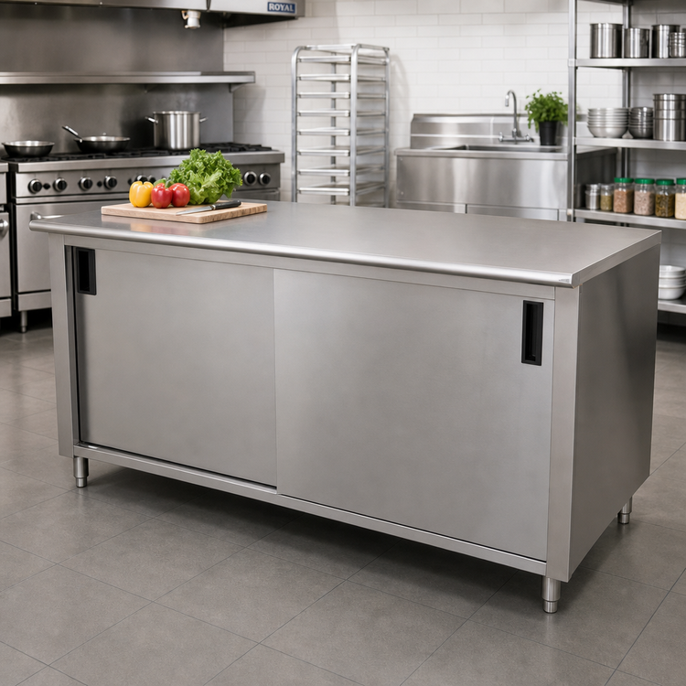 Product image #2 for Advance Tabco 96-Inch x 36-Inch 14 Gauge 304 Stainless Steel Cabinet Base Enclosed Work Table with Sliding Doors and Mid-Shelf