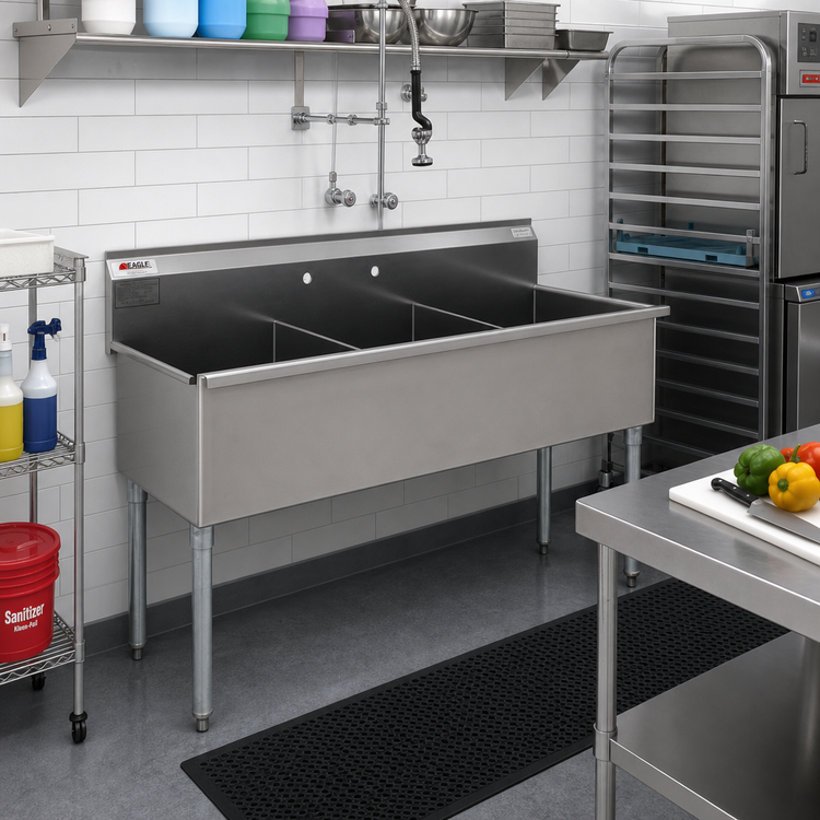 Product image #2 for Eagle Group Three-Compartment Utility Sink, 49-3/8 Inch Wide, 16-Gauge 430 Stainless Steel, No Drainboards