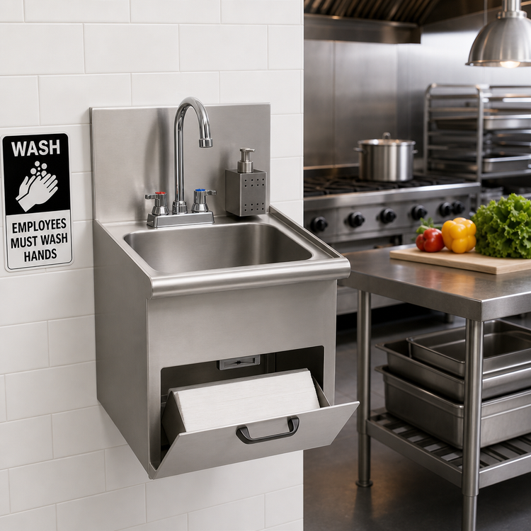 Product image #2 for Space Saver Wall-Mounted 304 Stainless Steel Hand Sink with Gooseneck Faucet, Soap Holder, and Towel Dispenser