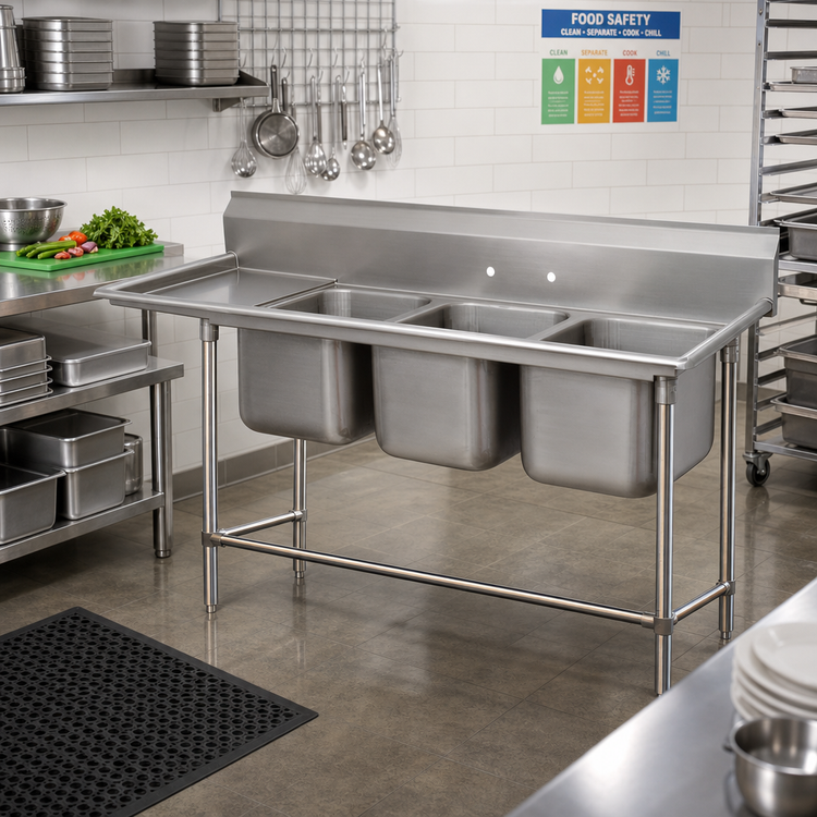Product image #2 for Regaline 3-Compartment Commercial Sink with Left-Hand Drainboard, 94-3/8 Inch Long, 14-Gauge 304 Stainless Steel