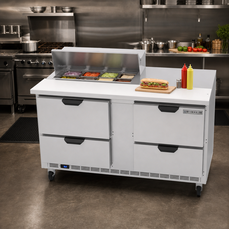 Product image #3 for Beverage-Air 60-Inch Two-Section Sandwich Prep Table with 4 Drawers and 8-Pan Top