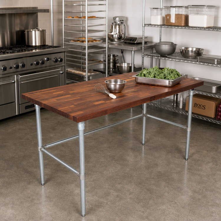 Product image #2 for John Boos 60 x 24-Inch American Black Walnut Wood Top Work Table, 1-1/2-Inch Thick Edge Grain Flat Top, Galvanized Open Base