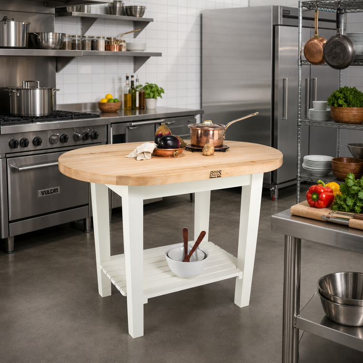 Product image #3 for Boos Block Elliptical C-Table Work Table, 48 x 30 x 35 Inch, Edge Grain Butcher Block Top, Northern Hard Rock Maple, Oil Finish, Painted Wood Base
