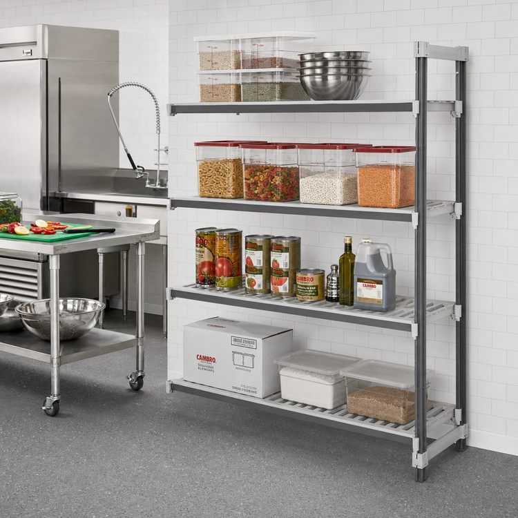 Product image #2 for Cambro Camshelving Elements XTRA 18-Inch Deep x 72-Inch Long x 84-Inch High 4-Tier Vented Stationary Add-On Polymer Shelving Unit, Speckled Gray