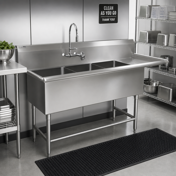 Product image #2 for John Boos Pro-Bowl 3-Compartment Sink with Right Drainboard, 18 x 24 x 12 Inch Bowls, 16-Gauge Stainless Steel