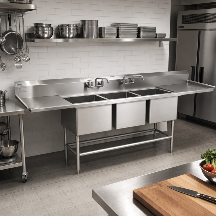 Product image #2 for Eagle Spec-Master FN Series 126-Inch Wide Three-Compartment 14-Gauge 300 Series Stainless Steel Sink with Dual 36-Inch Drainboards
