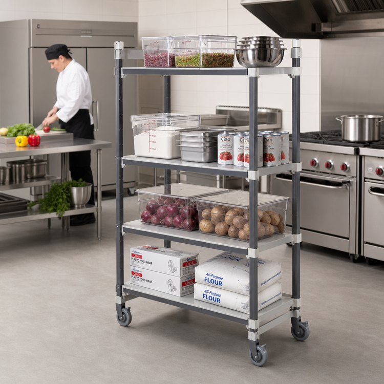 Product image #2 for Cambro Camshelving Elements XTRA 4-Shelf Solid High-Density Top Rail Mobile Starter Unit, 21 x 36 x 80 Inches, Speckled Gray