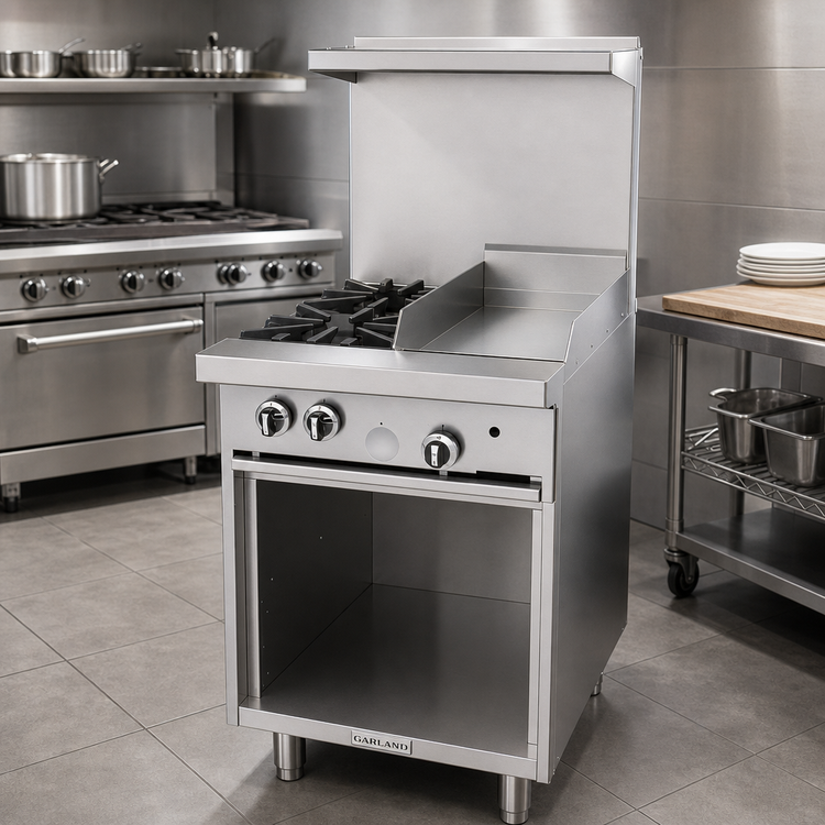 Product image #2 for Garland G Starfire Pro 24-Inch Gas Restaurant Range with 2 Open Burners, 12-Inch Griddle, and Open Storage Base