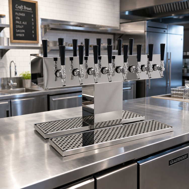 Product image #2 for Glastender Double-Sided Single-Column 16-Faucet Countertop Glycol-Cooled Draft Dispensing Tower, Mirror Finish
