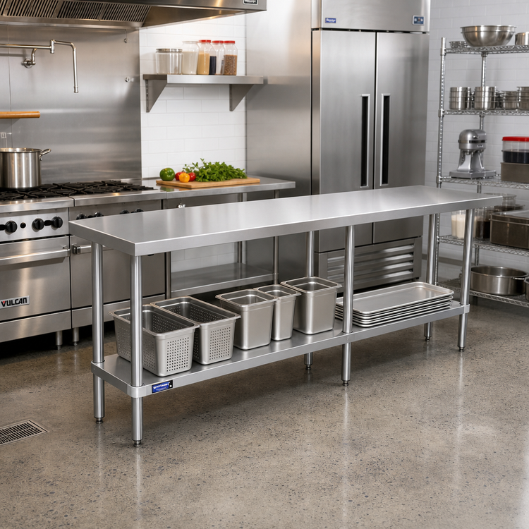 Product image #2 for Sapphire 84 Inch x 18 Inch Stainless Steel Work Table with Undershelf, Beveled Square Edge, 16-Gauge 304 Top