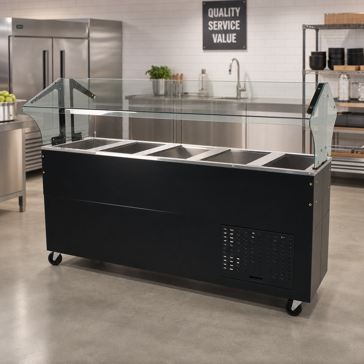 Product image #2 for 77-3/4 Inch Wide Mobile 5-Pan Serving Counter with Mechanically Assisted Cold Pan and Double-Sided Sneeze Guard