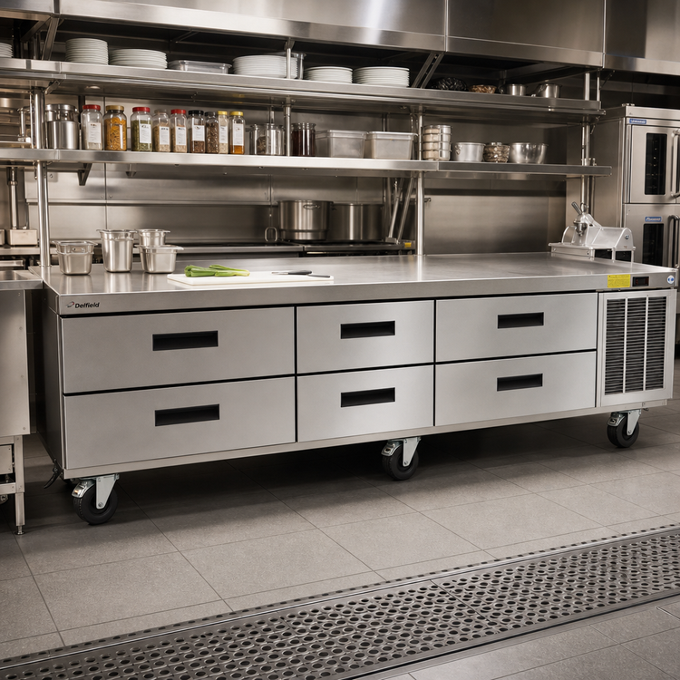 Product image #2 for Delfield Low Profile Refrigerated Equipment Stand with 6 Drawers, 96-1/4 Inch Wide