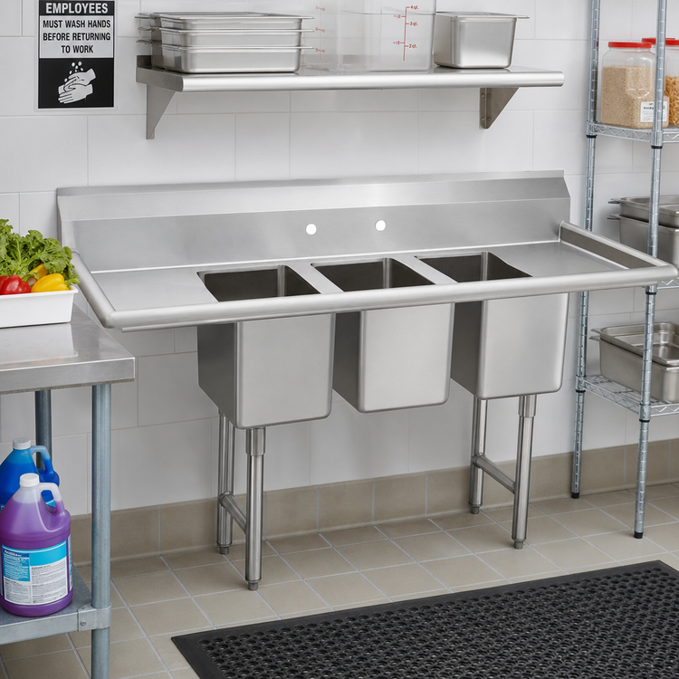 Product image #2 for Advance Tabco Convenience Store 3-Compartment Sink with Left and Right Drainboards, 58-Inch Wide