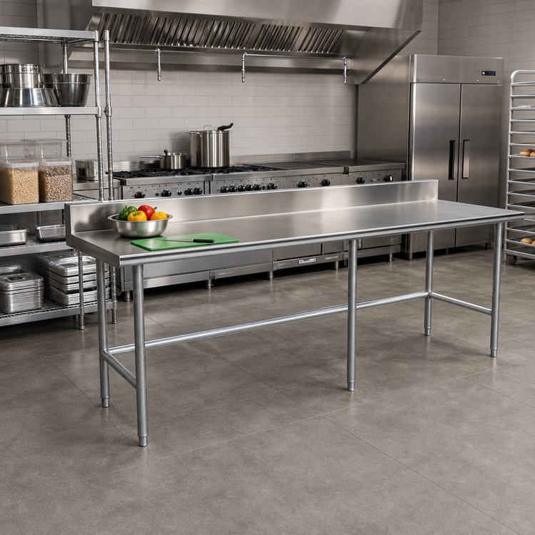 Product image #2 for Advance Tabco 144-Inch x 24-Inch 14-Gauge 304 Stainless Steel Work Table with 5-Inch Backsplash and Galvanized Base
