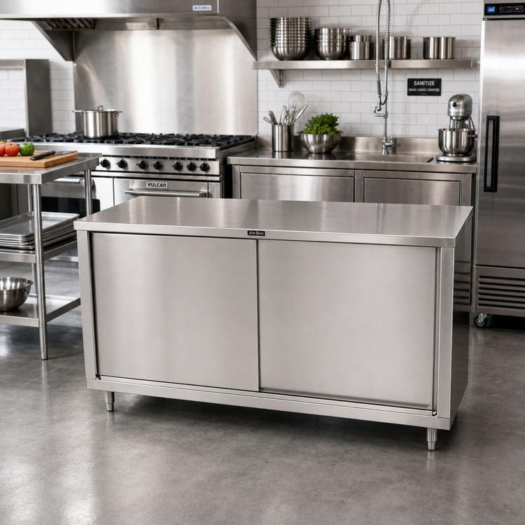 Product image #2 for John Boos 72-Inch x 24-Inch Stainless Steel Enclosed Work Table with Cabinet Base and Sliding Doors