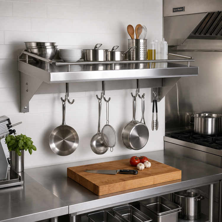 Product image #2 for John Boos Cucina Mensola Grande Wall-Mount Pot Rack Shelf with Utensil Bar and 5 Double Hooks, 48 x 12 Inch, Stainless Steel