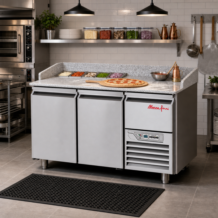 Product image #2 for 65.5-Inch Wide Two-Section Refrigerated Pizza Prep Table with Granite Work Surface and Self-Closing Doors